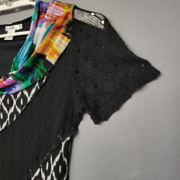 Ferateli Top Womens Small Black Multicolor Cowl Neck Mesh Tunic Asymmetric Boho - Picture 4 of 11